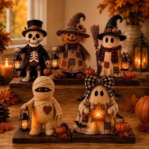Resin Halloween Monster Figurine With LED Lantern Decorative Hand-Painted Ghost Skeleton Mummy Sculpture Home Ornament