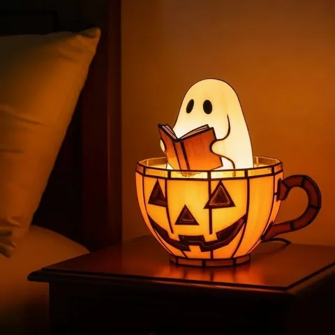 Lámpara de Baño de Burbujas de Fantasma de Halloween Creativa Taza de Calabaza Fantasma Leyendo Luz Nocturna Estatua de Resina