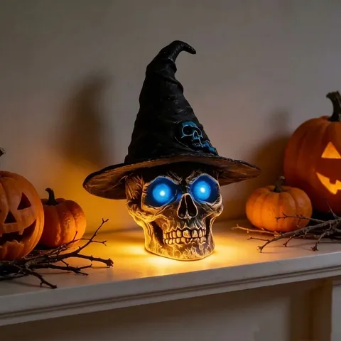 Halloween Gothic Resin Skull Night Light Witch Hat LED Glowing Skeleton Ornament Home Desktop Decor Tabletop Sculpture