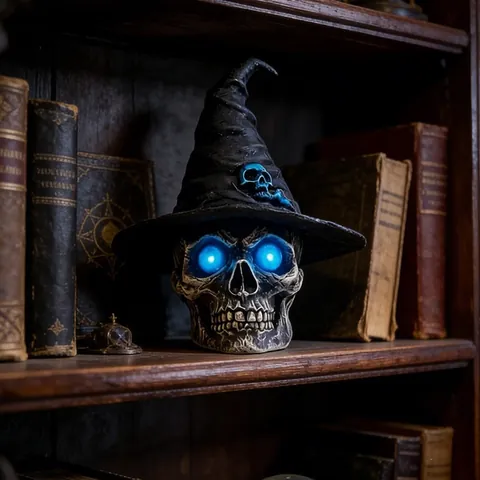 Halloween Gothic Resin Skull Night Light Witch Hat LED Glowing Skeleton Ornament Home Desktop Decor Tabletop Sculpture