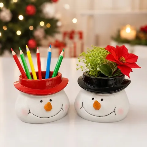 Christmas Snowman Resin Pen Holder Desktop Storage Box Creative Cartoon Flower Pot Home Office Decoration Snowman Planter Gift