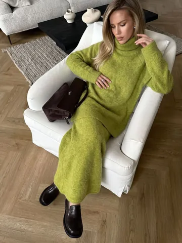 Women Casual Wool Blend Sweater Set Loose Turtleneck Knit Top And Wide Leg Pants Two Piece Outfits For Autumn Winter