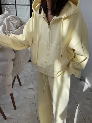 Dames Sweatshirt Set met Capuchon en Rits Boven- En Onderkant Katoenmix Effen Kleur Oversized Hoodie Lange Broek Vrijetijd Sportpak