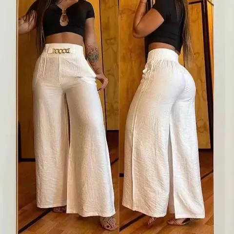 Pantalon Femme Taille Haute Jambe Large Couleur Unie Pantalon Évasé Ample Avec Décoration De Chaîne En Métal