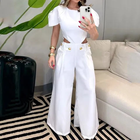 Women's Summer Casual Elegant Hollow Out High Waist Wide Leg Pants Set Solid Color Short Sleeve Top And Trousers Suit