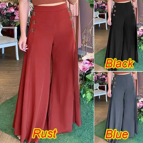 Women High Waist Wide Leg Pants Button Decor Elastic Waist Polyester Acrylic Summer Casual Long Trousers