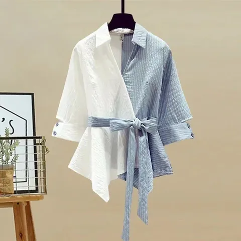 Women Patchwork Shirt And Wide Leg Jeans Set Faux Two Piece Top And Bottom Plus Size Spring Casual Outfit