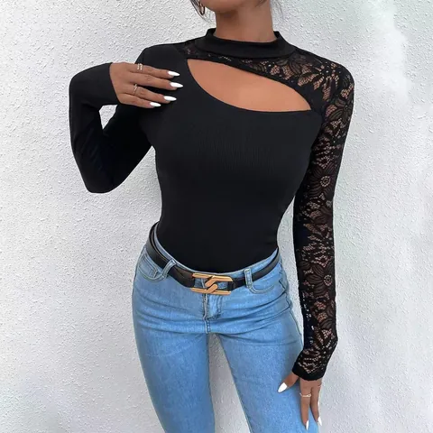 Women's Sexy Asymmetric Cutout Lace Sleeve Top Long Sleeve Acrylic Slim Fit T-Shirt For Commuting Streetwear