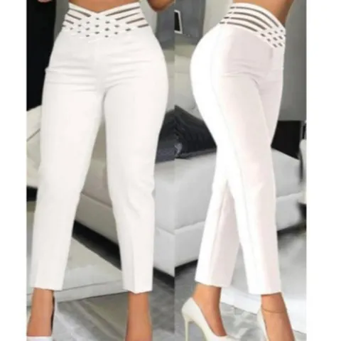 Women High Waist Hollow Out Bandage Pencil Pants Sexy Cutout Waistband Solid Color Casual Slim Nine-point Trousers Streetwear