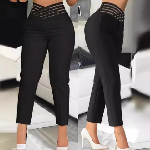 Women High Waist Hollow Out Bandage Pencil Pants Sexy Cutout Waistband Solid Color Casual Slim Nine-point Trousers Streetwear