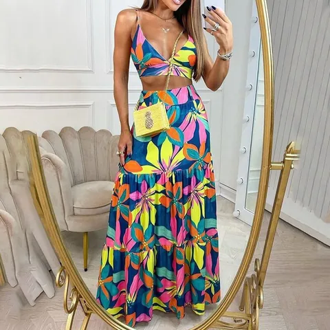 Women Elegant Tropical Floral Print Two Piece Set V-Neck Camisole Crop Top And Tiered Maxi Skirt Vacation Summer Outfits