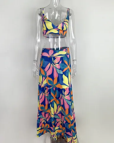 Women Elegant Tropical Floral Print Two Piece Set V-Neck Camisole Crop Top And Tiered Maxi Skirt Vacation Summer Outfits