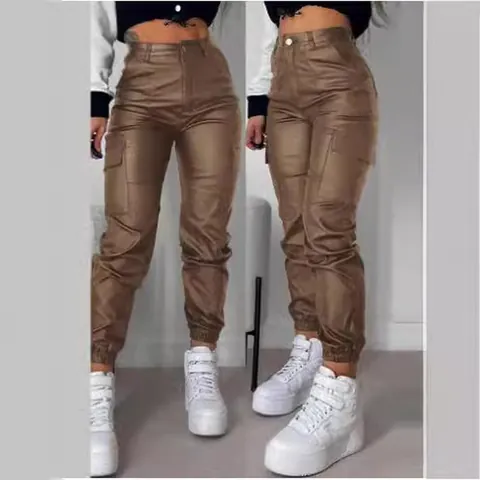 Women Casual Polyester Cargo Pants High Waist Motorcycle Jogger Pants With Pockets Ruffle Slim Fit Streetwear Fashion Trousers