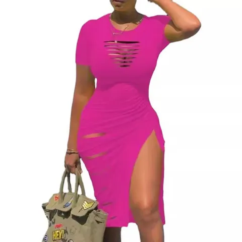 Women Sexy Round Neck Short Sleeve Distressed Hollow Out Ruched Bodycon Midi Dress With Side Slit Solid Camouflage Gradient Polyester Streetwear Clubwear