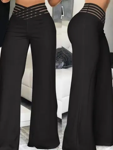 Pantalones de Mujer Talle Alto Calados de Pierna Ancha Cintura Cruzada Color Sólido Acampanados Casual Moda con Bolsillos