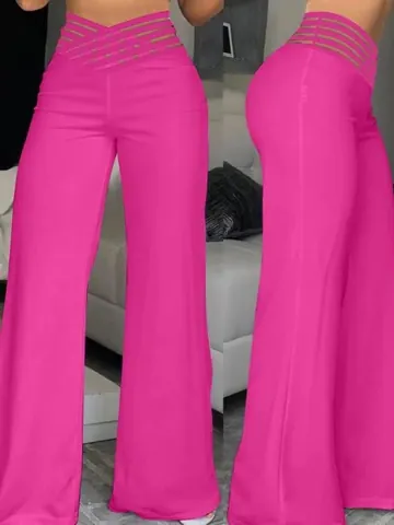 Pantalones de Mujer Talle Alto Calados de Pierna Ancha Cintura Cruzada Color Sólido Acampanados Casual Moda con Bolsillos