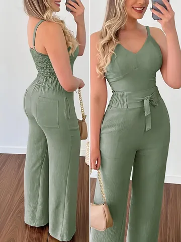 Dames Zomer Casual Top En Broek V-Hals Rugloos Camisole En Hoge Taille Rechte Broek Met Knoopsluiting Gekreukeld Pak