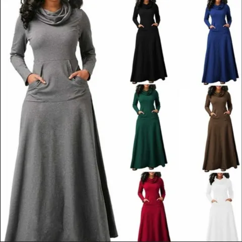 Women Cowl Neck Patchwork Pocket Maxi Dress Long Sleeve Solid Color A-Line Long Dress Casual Elegant Winter Autumn Dress
