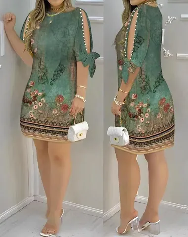 Dames Vintage Chinese Stijl Jurk Met Bloemenprint Ronde Hals Casual Midi-Jurk Met Parel En Strik Details Polyester A-Lijn Jurk