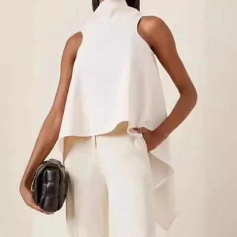Top da Donna Senza Maniche con Colletto alla Coreana in Poliestere Tinta Unita Elegante con Orlo Irregolare Blusa Asimmetrica