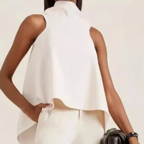Top da Donna Senza Maniche con Colletto alla Coreana in Poliestere Tinta Unita Elegante con Orlo Irregolare Blusa Asimmetrica