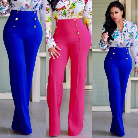 Women European Fashion High Waist Double-Breasted Flare Pants Slim Fit Slightly Stretchy Polyester Solid Color Bell-Bottom Trousers Women Clothing