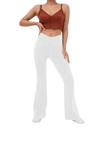 Pantalones de Yoga de Campana con Cintura Alta Cruzada para Mujer Estampado de Denim Levantamiento de Glúteos