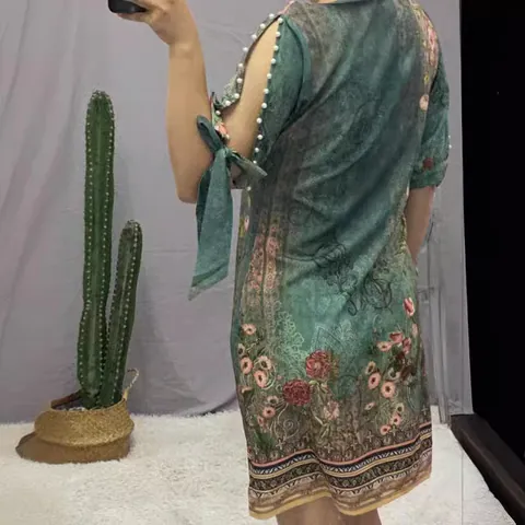 Damen Retro Ethno-Stil Blumen Perlen Kleid Rundhals Kalte Schulter Künstliche Perle Dekoriert Polyester Midi A-Linien Kleid