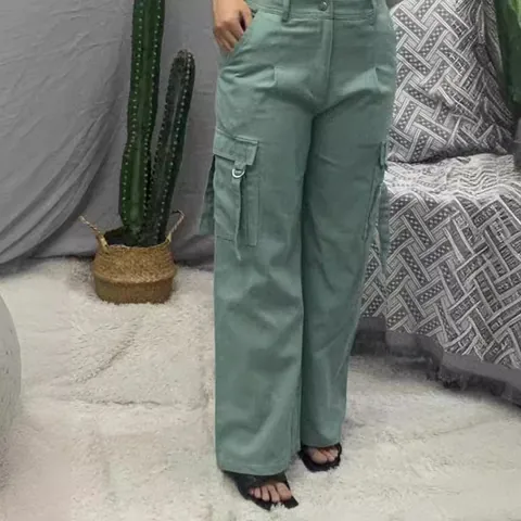 Pantaloni Cargo Retrò da Donna in Poliestere a Vita Alta Gamba Dritta Multitasche Streetwear Casual Fondo Verde Salvia Grigio Scuro