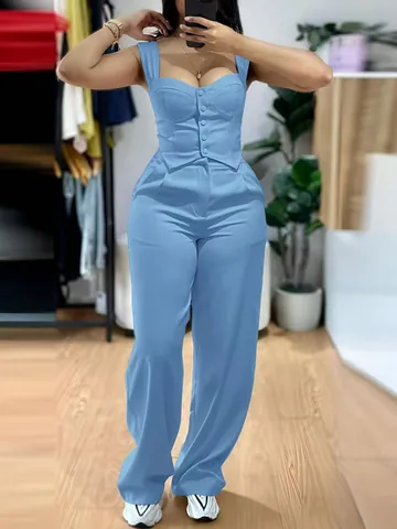 Women Casual Solid Color Camisole Top And Wide Leg Pants Set Polyester Spandex High Waist Sleeveless Tank And Trouser Outfit