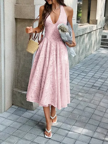 Women's Deep V Halter Jacquard Midi Dress Sleeveless Backless A-Line Vacation Dress Elegant Summer Party Dress Robe