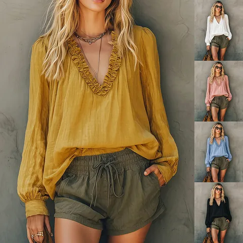 Women V Neck Ruffle Blouse Lantern Long Sleeve Casual Loose Shirt Plain Top Western Style Elegant Office Daily Wear Blouse