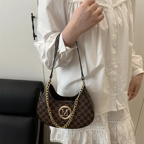 Women's Retro M Print Monogram Shoulder Bag Vintage PU Leather Chain Underarm Bag Minimalist Crescent Hobo Bag Daily Handbag