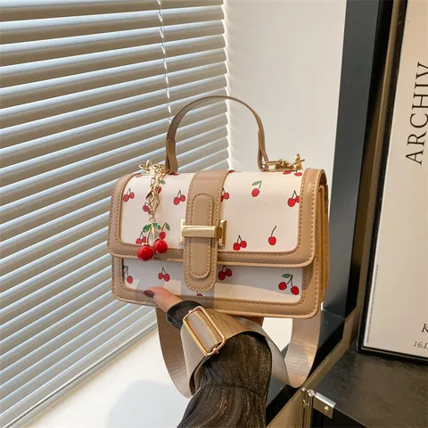 Women Cute Cherry Print Crossbody Bag Stylish PU Leather Small Square Handbag Fashion Contrast Color Shoulder Bag With Adjustable Strap
