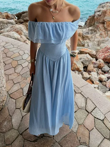 Elegante Off-Shoulder Maxi-jurk met Ruffles Zomervakantie Blauw Tencel Effen Kleur Gelaagde Strandjurk Vrouwen Mode Kleding