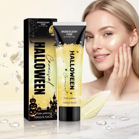 Halloween Iridescent Fine Glitter Gel Face Body Makeup Pale Yellow 100g Long Lasting Moisturizing Party Makeup Gel