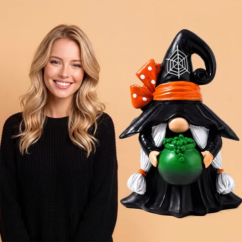 Vintage Halloween Gnome Resin Statue Witch Hat With Cauldron Spooky Tabletop Ornament Holiday Figurine Home Decor