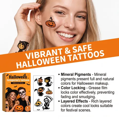 Halloween Temporary Tattoo Stickers Set Pumpkin Skeleton Black Cat Cartoon Waterproof Skin-Friendly 4 Pieces Set Party Decor
