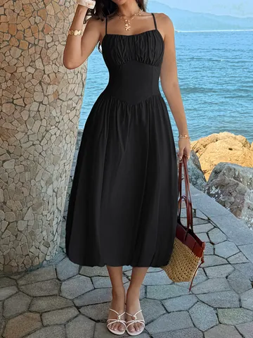 Damen Europäischer Amerikanischer Urlaubsstil Trägerloses Maxi Kleid Polyester Einfarbig Geriffelt Rückenfrei Langes Strandkleid