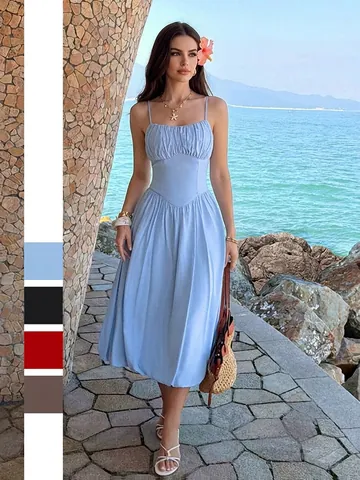 Damen Europäischer Amerikanischer Urlaubsstil Trägerloses Maxi Kleid Polyester Einfarbig Geriffelt Rückenfrei Langes Strandkleid