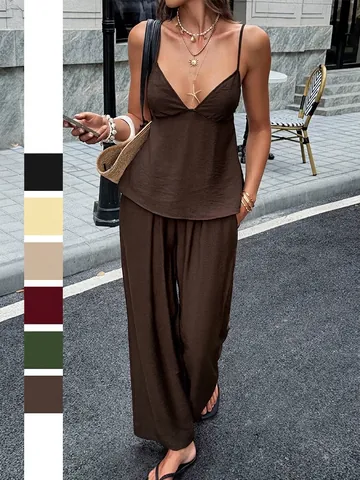 Damen Urlaub V-Ausschnitt Cami Top Und Weite Hose Set Einfarbig Zweiteiler Outfits Sommer Strand Freizeitkleidung