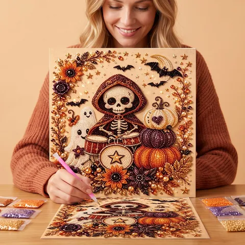 DIY Diamond Painting Halloween Skeleton Drummer Pumpkin Ornament Wooden Frame 3D Resin Rhinestone Mosaic Art Decor For Home