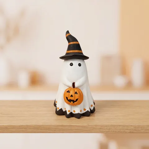 Cute Halloween Ghost Figurine Holding Pumpkin Wizard Hat Resin Desktop Ornament Funny Spooky Party Indoor Home Decoration Gift