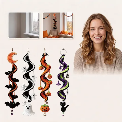Halloween DIY Crochet Spiral Hanging Decor Kit Polyester Yarn Alloy Hook Bat Pumpkin Ghost Cat Patterns For Festive Party