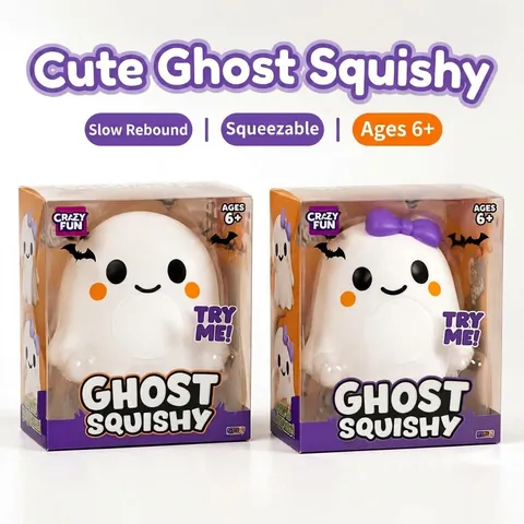 Crazy Fun Ghost Squishy Παιχνίδι Χαριτωμένο Λευκό Φάντασμα Αργής Επαναφοράς Παιχνίδι Ανακούφισης από το Στρες Με Μωβ Φιόγκο Δώρο Halloween