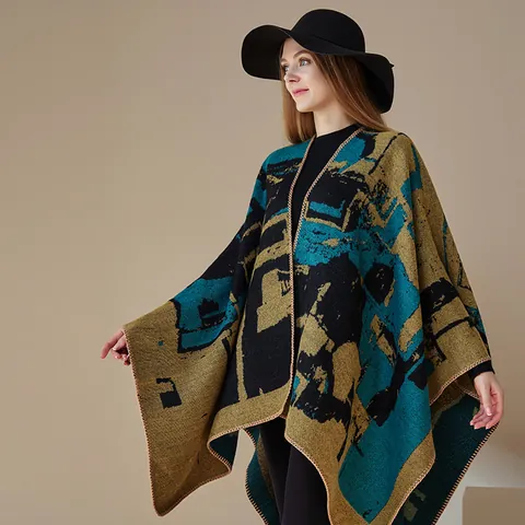 Mantella Poncho Donna Stampa Etnica Vintage Simil Cachemire Caldo Scialle Aperto Davanti Graffiti Astratti Wrap per Viaggio
