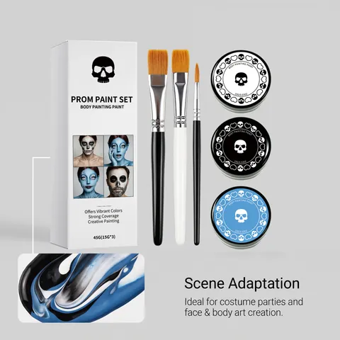 Kit de Pintura Facial Y Corporal de Halloween 3 Colores Negro Blanco Azul Con 3 Pinceles de Maquillaje Set de 45g para Maquillaje de Escenario Fiesta de Disfraces