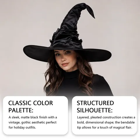 Chapeau de Fête de Sorcière Plissé Vintage Coiffe de Costume Halloween Rétro en Satin Gothique pour Femme Cosplay Fête Décor