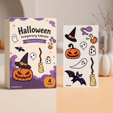 Halloween Temporary Tattoo Stickers Pumpkin Ghost Bat Face Art For Party Waterproof Skin Friendly Makeup Decals 4 Pieces Set