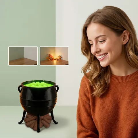 3D Printed Witch Cauldron Toy PLA Desktop Decoration Miniature Cauldron With Green Potion And Wood Base For Party Decor
